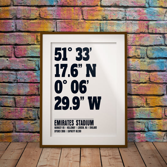 buy gunners gooners Arsenal Emirates Stadium CoOrdinates Print Art Pixel8er Footall Fan Decor Gift Location