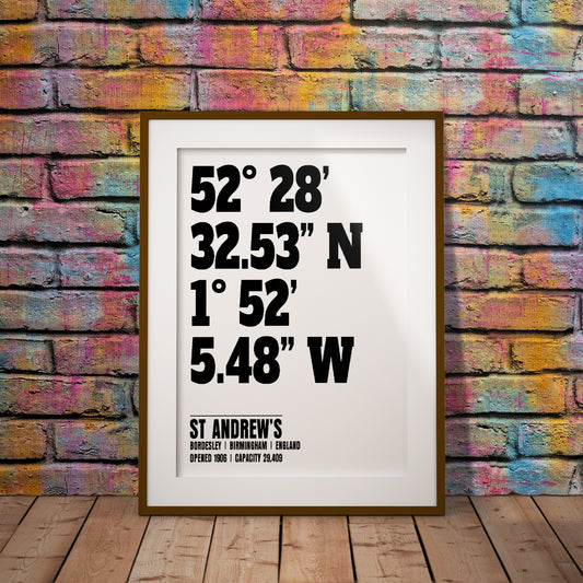 Buy Birmingham City St Andrews Football Location Coordinates Print Geography Pixel8er Art instant digital downloadable printable download soccer blues Brummies blue noses