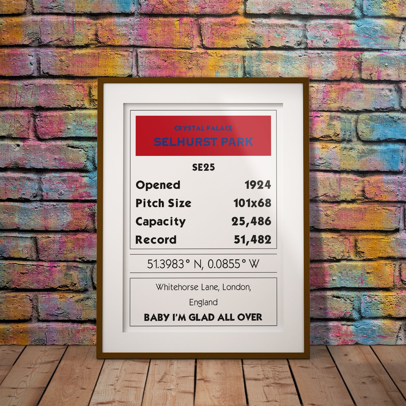 buy premier league location football crystal palace glad all over selhurst park chant anthem print art pixel8er wall decor gift monopoly card retro white se25 horse