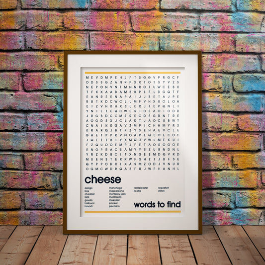 buy fun cheese word search wall print decor art word asiago feta cheddar rouqefort mozzarella pixel8er funny instant kitchen downloadable download digital gift