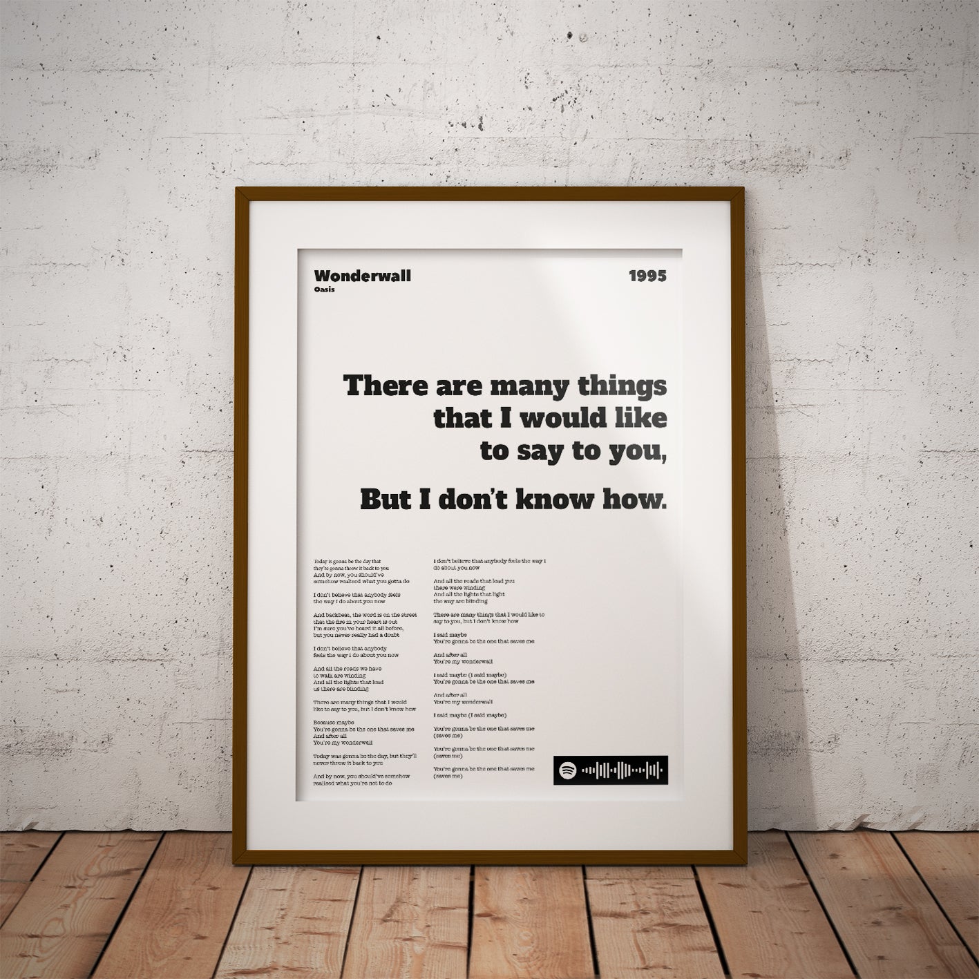 buy gift print custom lyric oasis wonderwall brit pop spotify streaming code scannable burt baccarach swing mersey beat who clannad aerosmith aretha michael jackson wham black sabbath