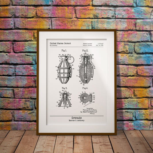 buy patent art grenade 1375440 decor nerd war military wall art hand weapon gaming nerd pixel8er digital download downloadable print