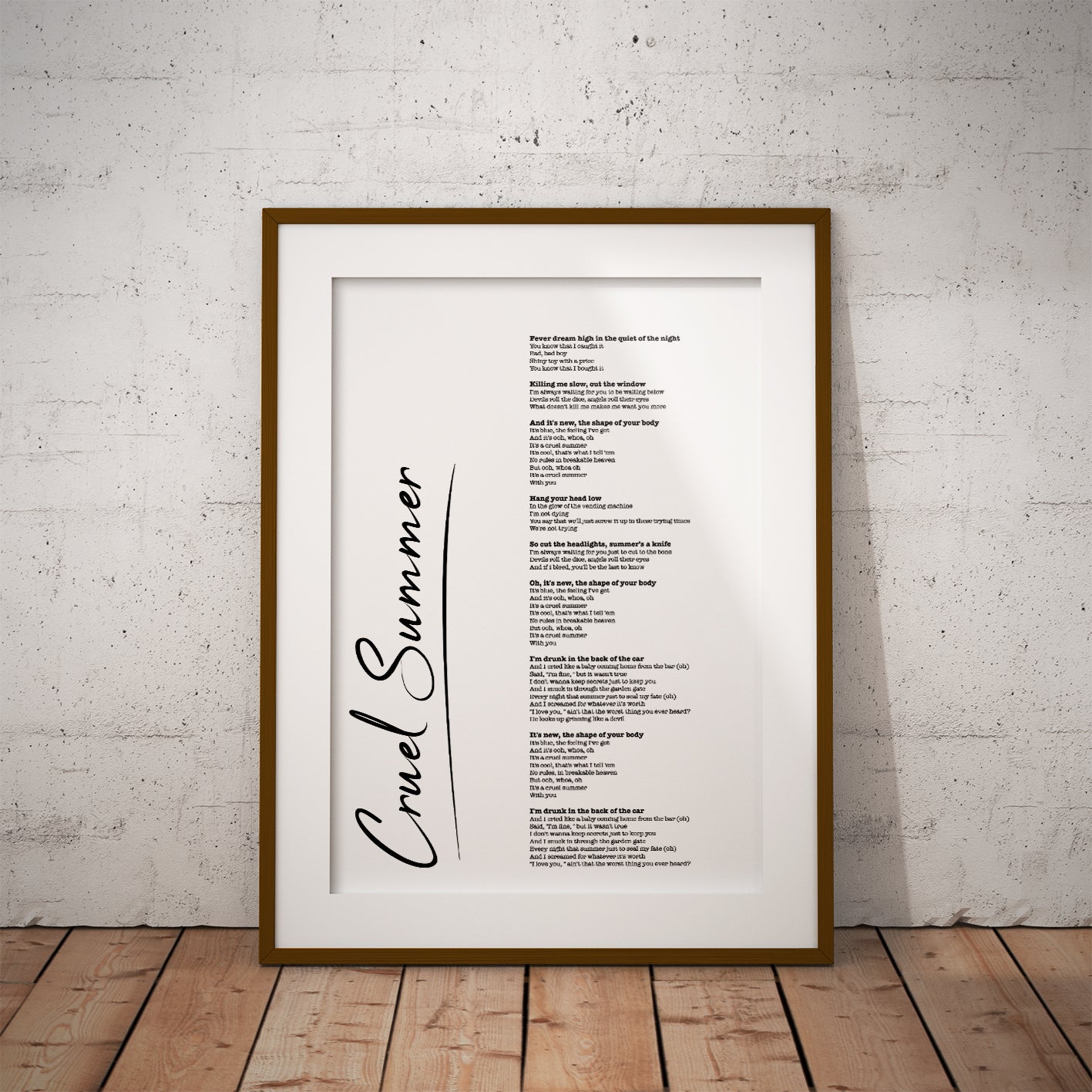 cruel summer Taylor swift ed Sheeran lCustom lyric rock rap metal pop dance disco chart song music lyric design wall decor gift present fun nerd living custom bespoke pixel8er