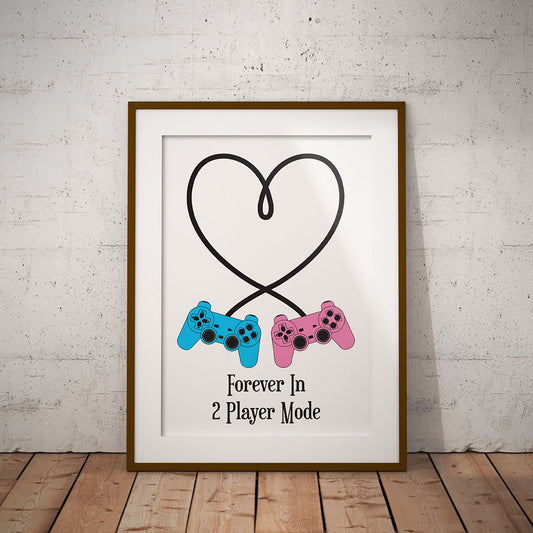 Forever In 2 Player Mode Male Female Gaming Gamer print Retro Art Love Pink Blue Marriage Pixel8er lgbtq instant digital downloadable printable download