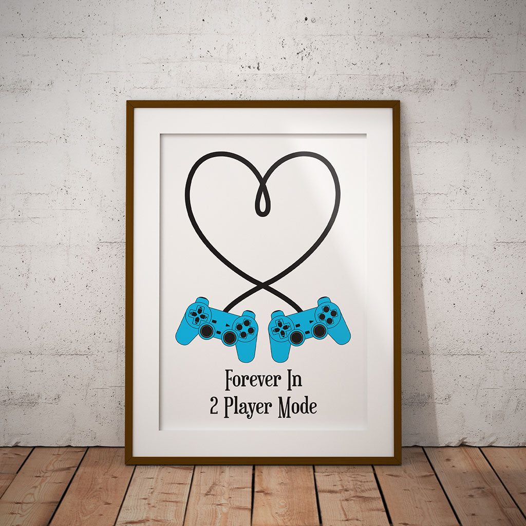 Forever In 2 Player Mode Male Female Gaming Gamer print Retro Art Love Pink Blue Marriage Pixel8er