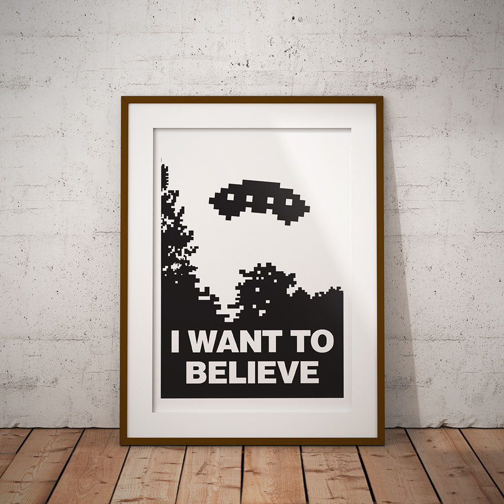 I Want To Believe sci fi print x-files inspired mulder scully nerd art pixel8er 8 bit conspiracy ufo aliens retro pixels buy decor gamer abduction fun funny gaming